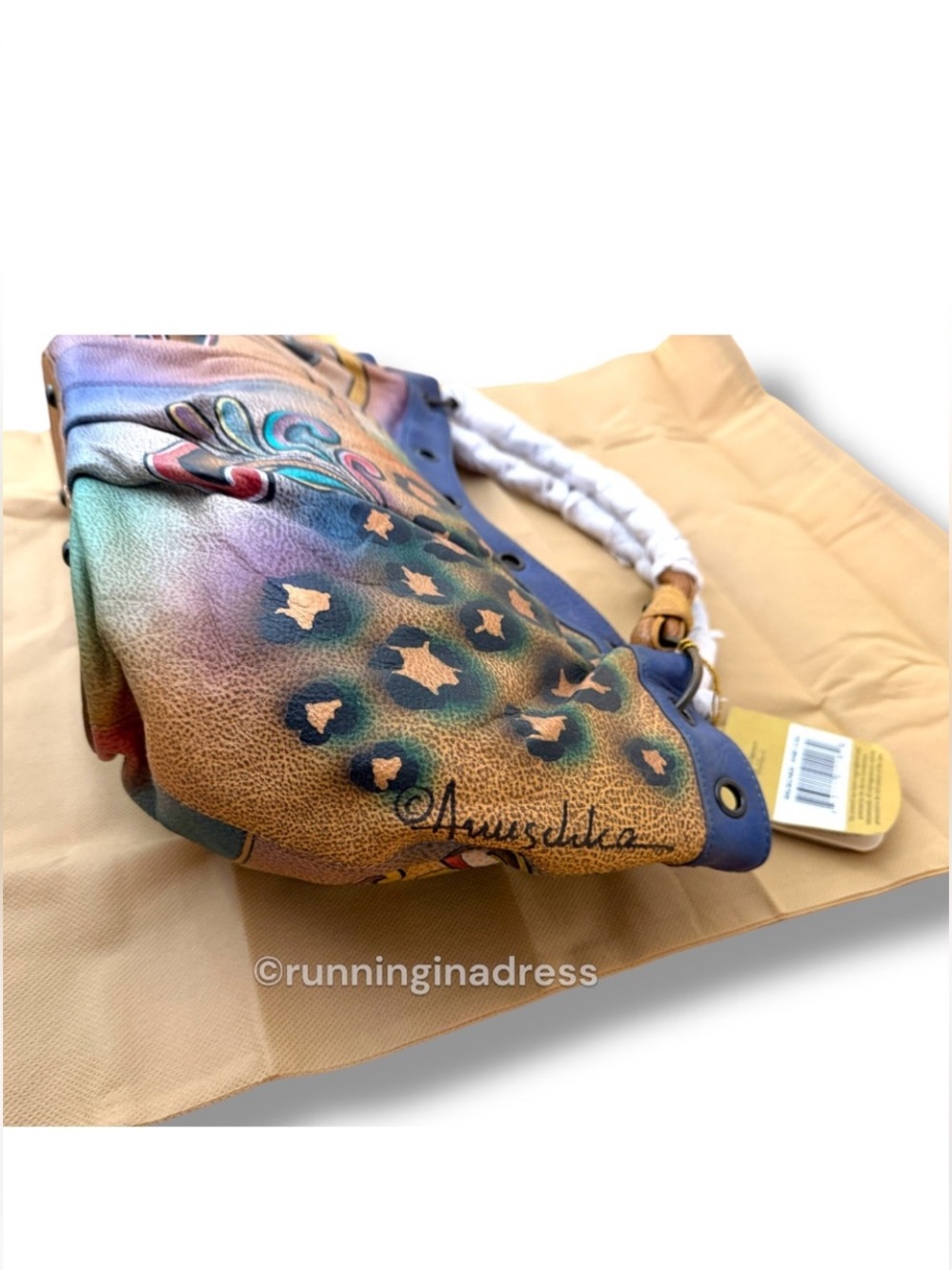 NWT Premium Anuschka Hand Painted Leather Collage S.M.D.C Hobo Peacock Butterfly - Picture 6 of 16